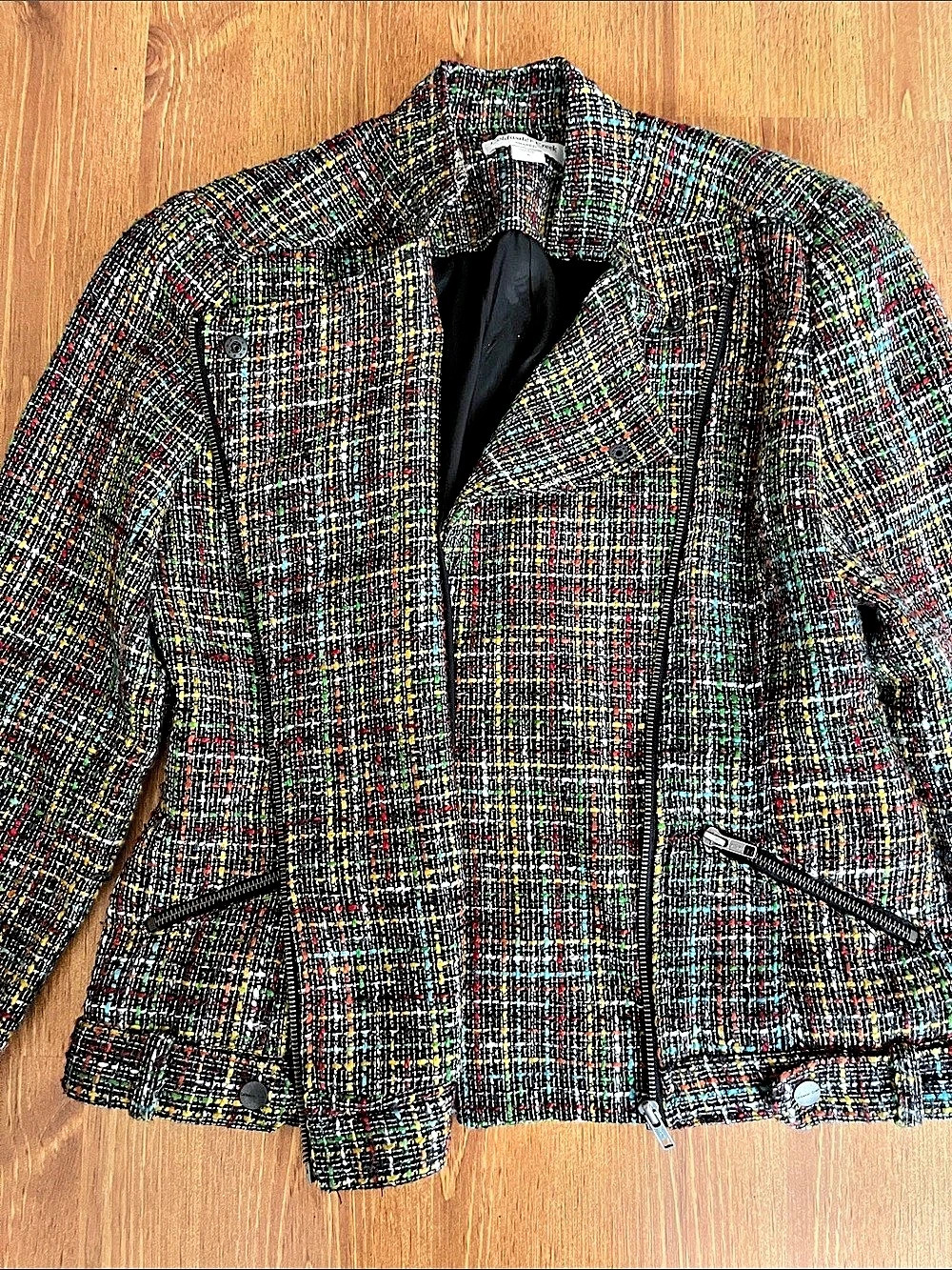 Coldwater Creek Colorful Zippered Tweed Jacket, Pockets, Lined, Snap Cuffs Size
